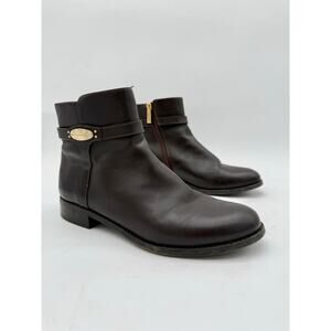 Michael Kors Finley Brown Leather Ankle Boots Gold Logo Strap Side Zip Size 8.5